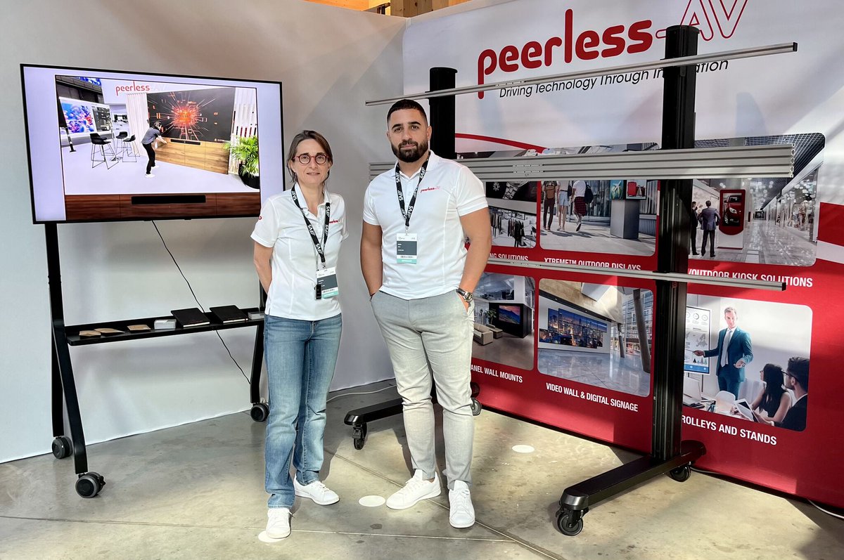 Peerless-AV at FRANCE VIDEO SON Tech'Up 25! Gwen &amp; Alex are ready to welcome you to our booth, where we’re showcasing our latest trolleys and dvLED solutions - including the newly redesigned and all-encompassing LEDUNV SEAMLESS Connect Universal Mounting System #FVS2025