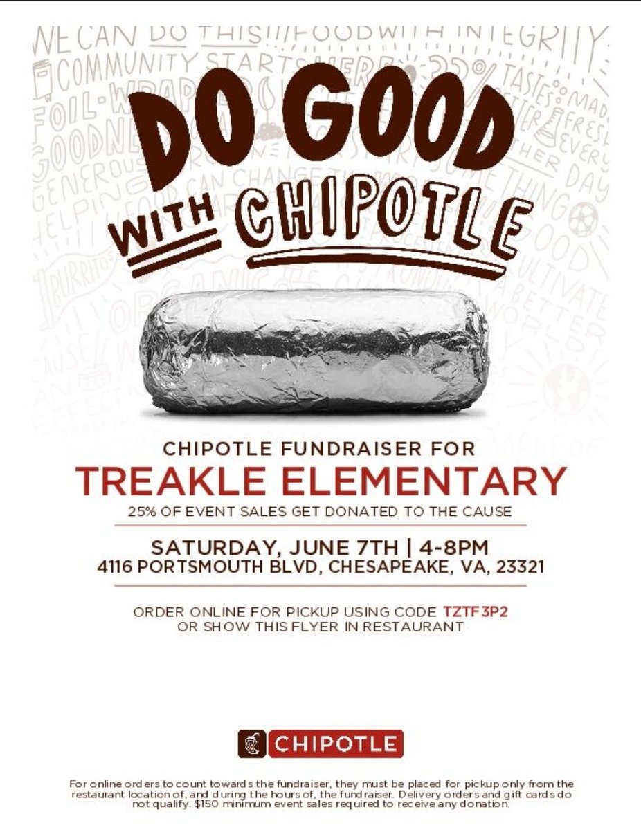 🍴 Skip the cooking &amp; fuel the hive! 🐝
Join us at Chipotle on Sat, June 7 | 4–8 PM
📍 4116 Portsmouth Blvd, Chesapeake
🔥 25% goes back to Treakle Elementary!
Order with code TZTF3P2 or show the flyer!
Let’s swarm Chipotle! 🩶💜 #TreaklePride