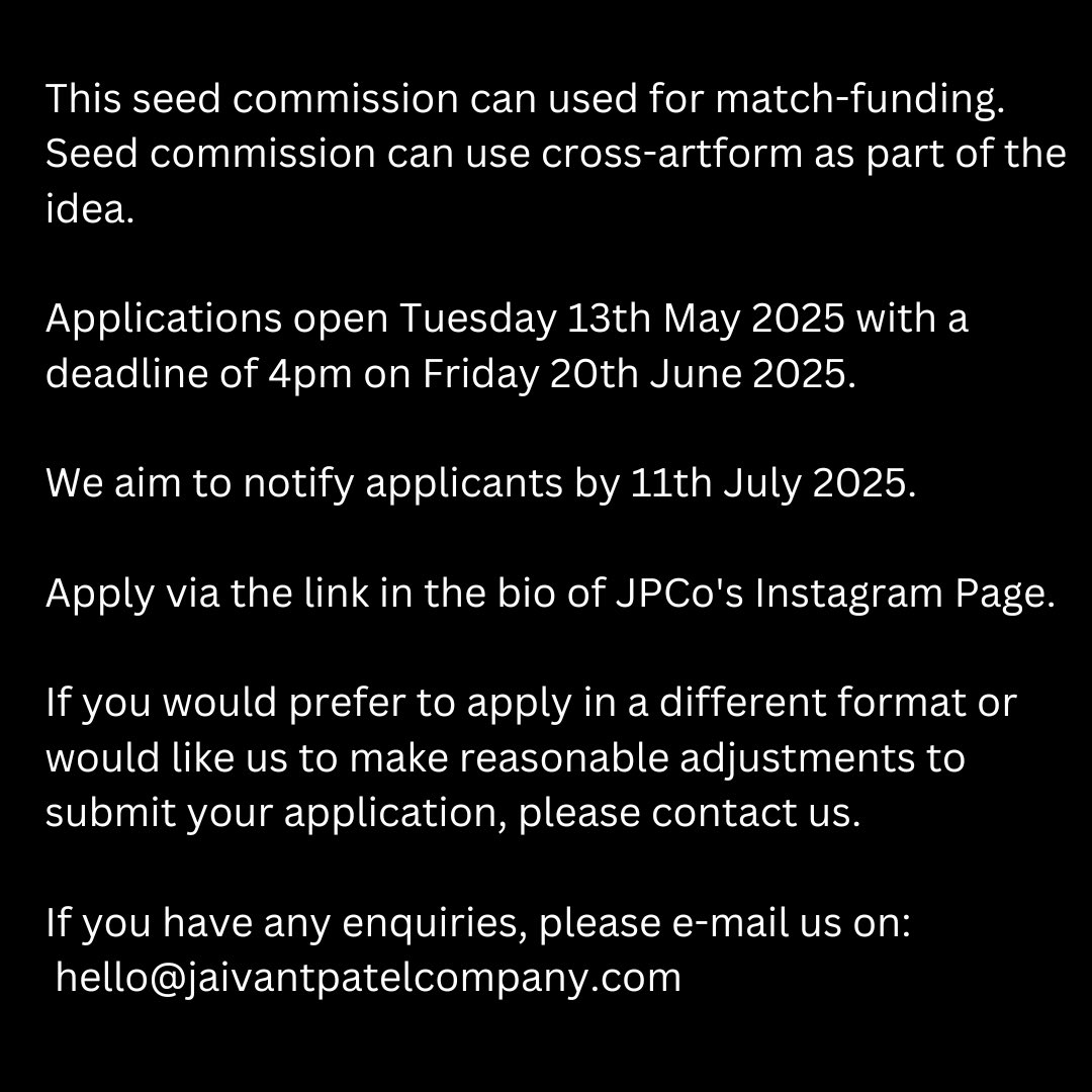 Jaivant Patel Company (@jaivantpatelco) on Twitter photo SAMĀNATĀ: SOUTH ASIAN QUEER PERFORMANCE
SEED COMMISSIONS 2025
<a href="/jaivantpatelco/">Jaivant Patel Company</a> & <a href="/Kala_Sangam/">Kala Sangam</a>, are offering seed commissions to a South Asian LGBTQIA+ identifying artists/creatives to support the development of innovative new performance-based work.
Link: tinyurl.com/3xep9258 SAMĀNATĀ: SOUTH ASIAN QUEER PERFORMANCE
SEED COMMISSIONS 2025
<a href="/jaivantpatelco/">Jaivant Patel Company</a> & <a href="/Kala_Sangam/">Kala Sangam</a>, are offering seed commissions to a South Asian LGBTQIA+ identifying artists/creatives to support the development of innovative new performance-based work.
Link: tinyurl.com/3xep9258