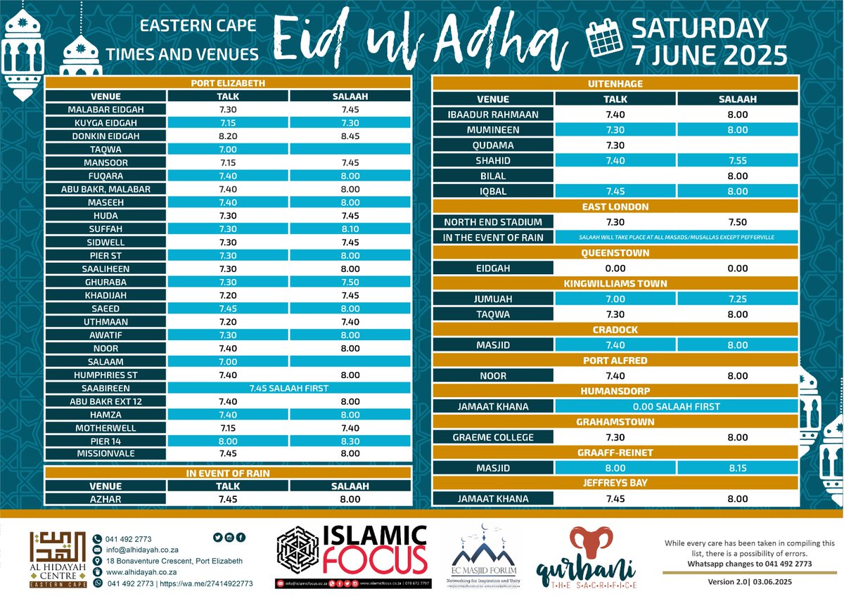 IslamicFocus's tweet image. Eastern Cape
#EID UL ADHA 2025
Venues and Times ver2.0 | Sat, 7 June 2025

Times with 0.00 still awaited

E&amp;amp;OE