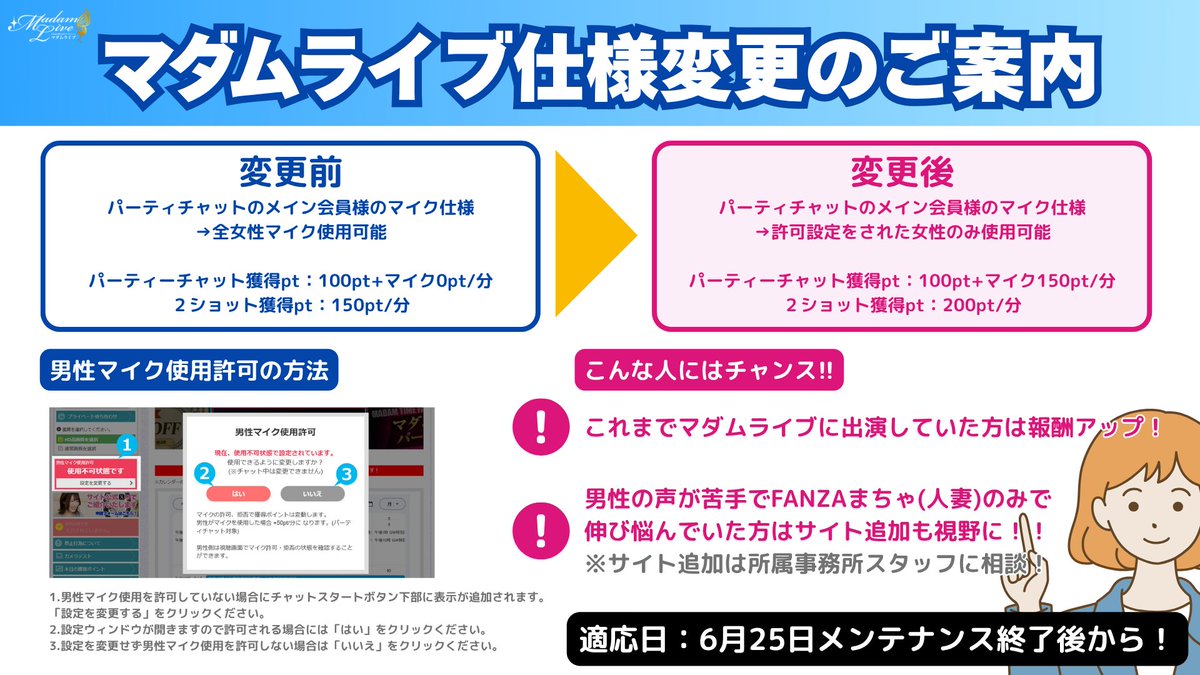 📢 マダムライブ仕様変更のご案内
　※6月25日メンテナンス終了後から変更

🔸こんな人にはチャンス🔸
🔹男性の声が苦手でFANZAまちゃ(人妻)のみで伸び悩んでいた方はサイト追加も視野に！
※サイト追加は所属事務所スタッフに相談！

🔹これまでマダムライブに出演していた人は報酬アップ！