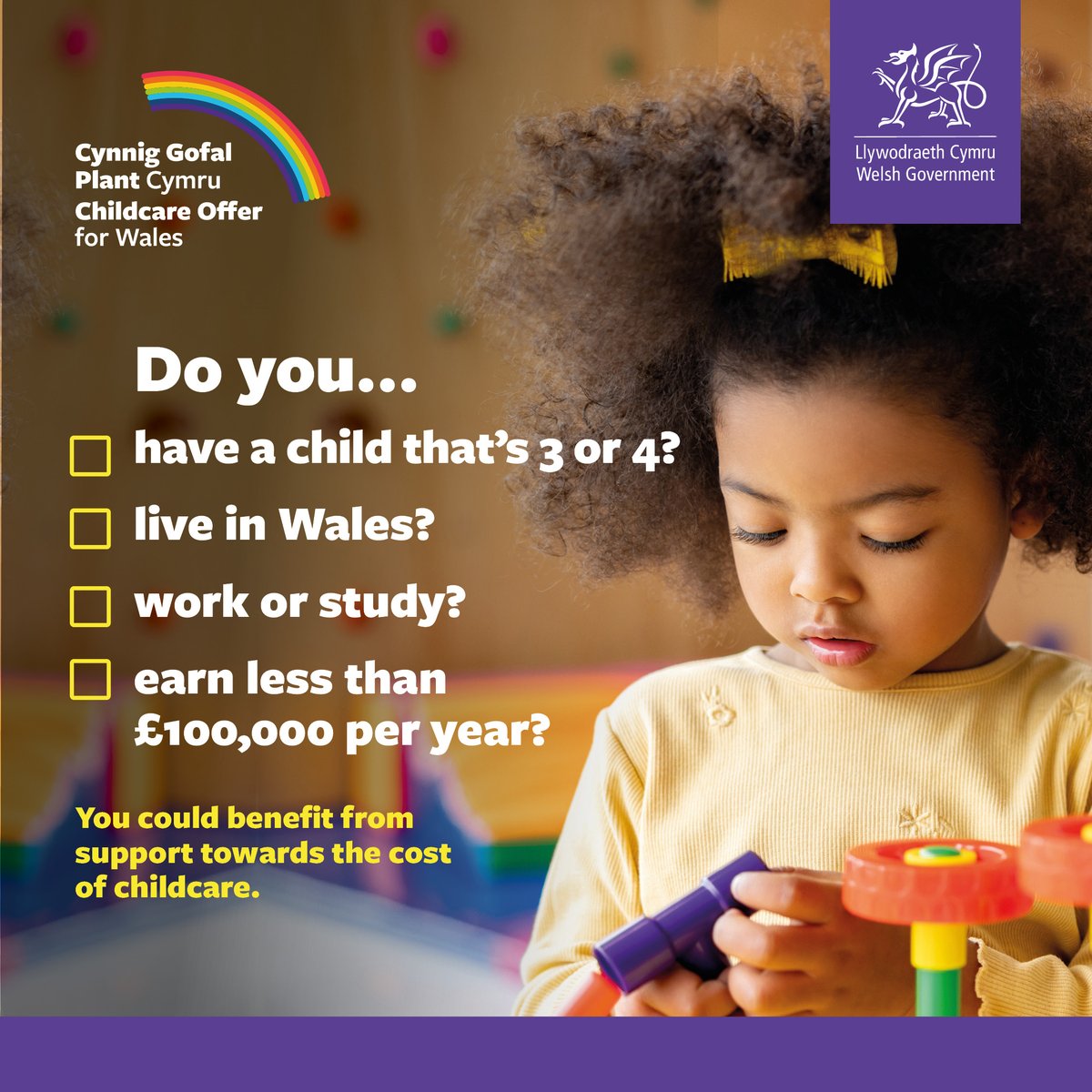 To apply for the Childcare Offer for Wales, you’ll need a few documents to hand:

➡️Your child’s birth certificate
➡️Proof of address
➡️Proof of household income or enrolment on HE/FE course

Visit: gov.wales/childcare-offe…
  
Or call our national helpline on 03000 628 628📞