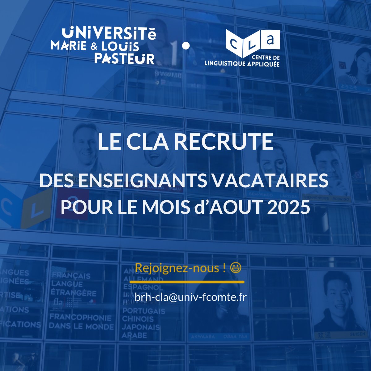 #jobalert Le CLA recrute pour la période du 4 au 29/08/2025 
Les conditions :
👉Etre titulaire d'un Master FLE
👉Justifier d'une activité de 900h à l’année auprès d’un employeur principal ou avoir un statut de micro-entreprise 
👉Plus d'infos: bit.ly/3ZNerfr
#recrutement