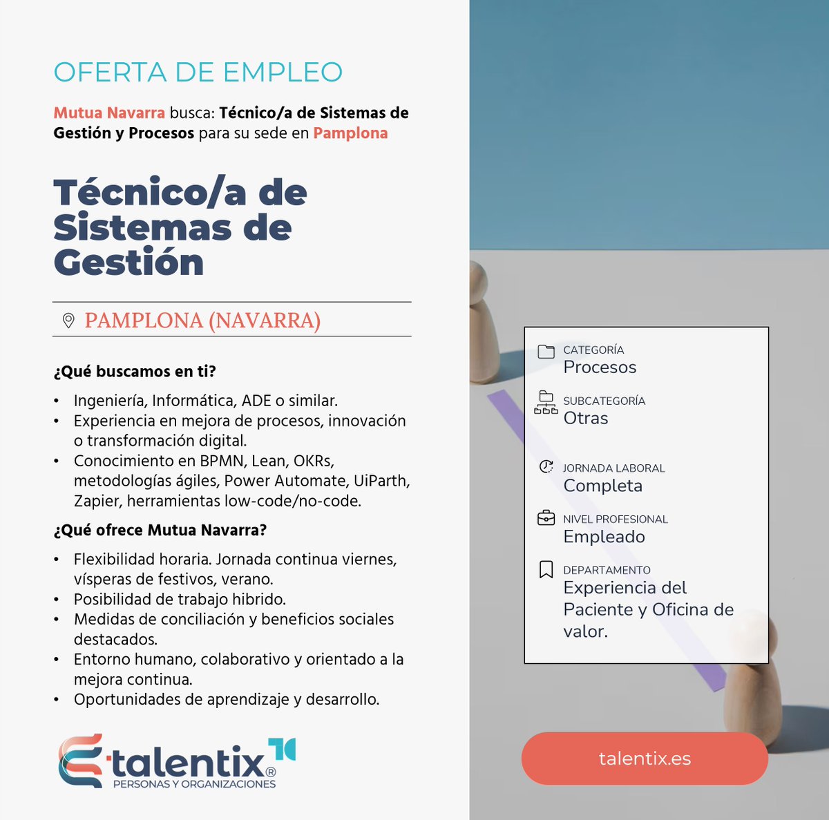 ¡Nueva vacante en #Pamplona! 📢 Mutua Navarra busca Técnico/a de Sistemas de Gestión.
👉 ¿Te unes al reto? Inscríbete: ow.ly/s2EK50W2kYK
#Empleo #Ingeniero #Procesos #Innovación #MutuaNavarra