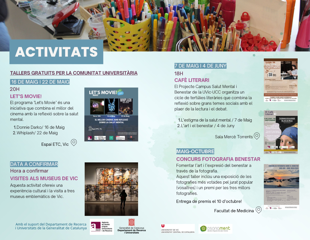 Agenda 📝| Cafè literari: art i benestar

📅 04.06
🕓18.00 h
📍Sala Mercè Torrents

👉Mes informació: uvic.cat/agenda/cafe-li…