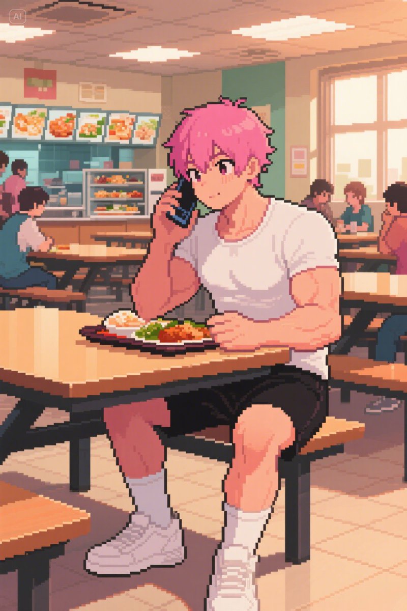 Waiting for your call… but I guess carbs will do 💔🍚

#PixelArt #AnimeBoy #CafeteriaVibes #PinkHairCrush #MuscleBoys #GayArt #SliceOfLife #KawaiiAesthetic #SoftBoys #RetroStyle #LGBTQArt #LunchMood #CampusLife #ThirstTrapArt #ArtOfX