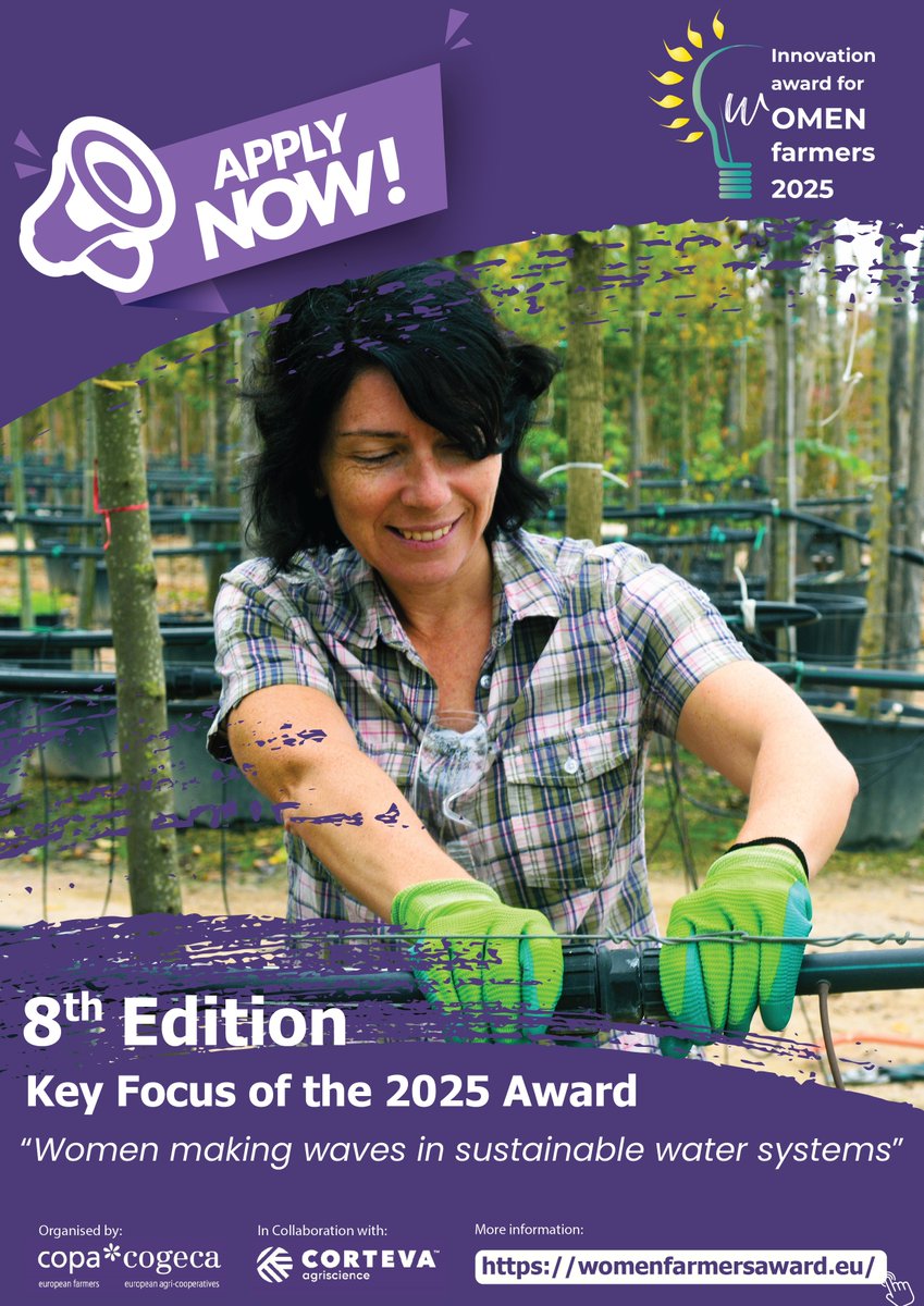 COPA-COGECA (@copacogeca) on Twitter photo DON'T FORGET TO APPLY!!
Applications for the 8th Edition of the Women Farmer Innovation Award are still open till the end of the month!
🏆COPA COGECA, in collaboration with <a href="/CortevaEUR/">Corteva Europe</a> , are proud to launch the latest edition of the Innovation Award for Women Farmers — DON'T FORGET TO APPLY!!
Applications for the 8th Edition of the Women Farmer Innovation Award are still open till the end of the month!
🏆COPA COGECA, in collaboration with <a href="/CortevaEUR/">Corteva Europe</a> , are proud to launch the latest edition of the Innovation Award for Women Farmers —