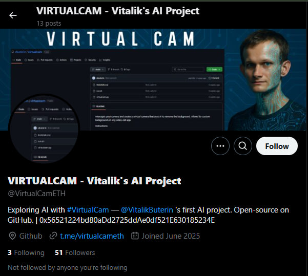 PonkyALFA's tweet photo. #VIRTUALCAM ON #ETH
0x56521224bd80aDd2725ddAe0df521E630185234E
Gambel here
Exploring AI with #VirtualCam @VitalikButerin ( X ) 's first AI project. Open-source on GitHub. |
WEB:https://t.co/j0gOHvEjws
X: https://t.co/CAn4tl9hbs
TG: https://t.co/dx2MKVqz4G
CHART: https://t.co/aLP4UagHx2