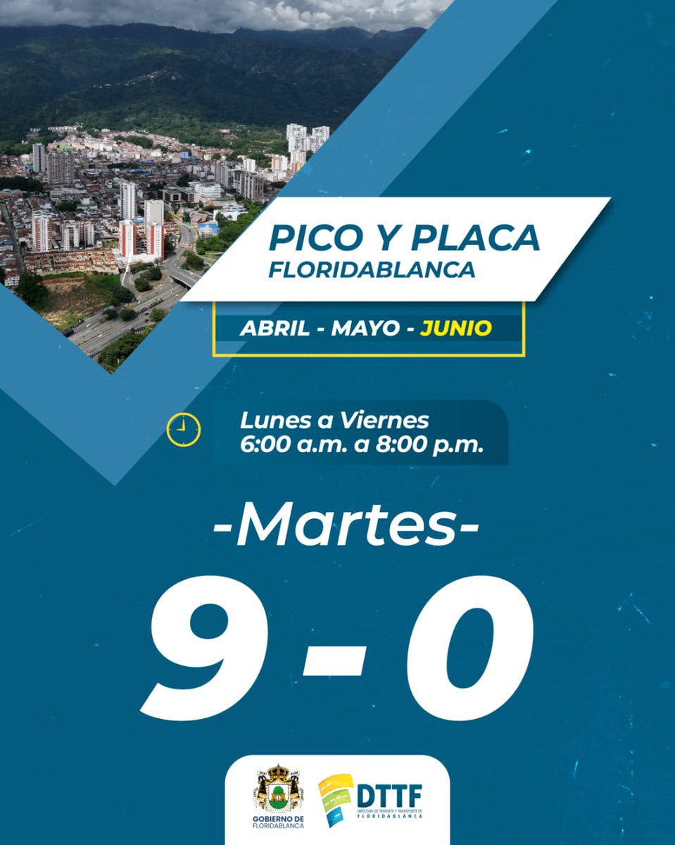#PicoYPlacaJunio
Este martes 3 de junio, la medida de #PicoYPlaca  será de 6:00 a.m. a 8:00 p.m. para los vehículos cuyas placas terminan en 9 y 0.

🔴 Importante: En Floridablanca no habrá vías exentas, por lo que la restricción aplicará en toda la ciudad.