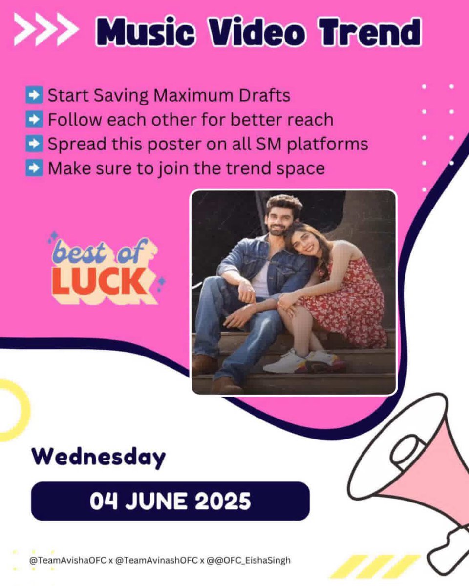 TeamAvishaOFC's tweet photo. 🚨 REMINDER 🚨

All the three fds are coming together for a mega trend on 4th June at 4:00pm for the upcoming #AviSha MV.
Let's together make this trend a huge success.

Note: Join the trend space at 3:30pm. 

#AvinashMishra #EishaSingh #AviSha 
#Avinashians #EishasTribe

#AaoNa https://t.co/GNG3nyXjM4