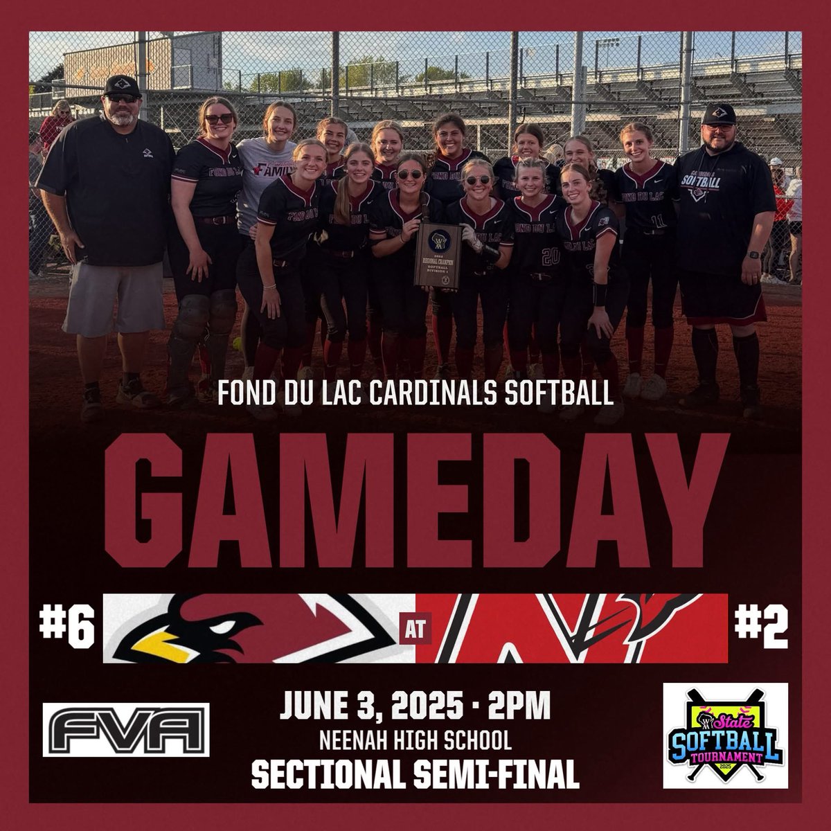 -GAME DAY-
-SECTIONAL SEMI-FINAL-

#6 Fond du Lac (18-10) travels to #2 Neenah (18-9) - 2PM
#GoCardinals🥎 #rollcards #playoffs2025