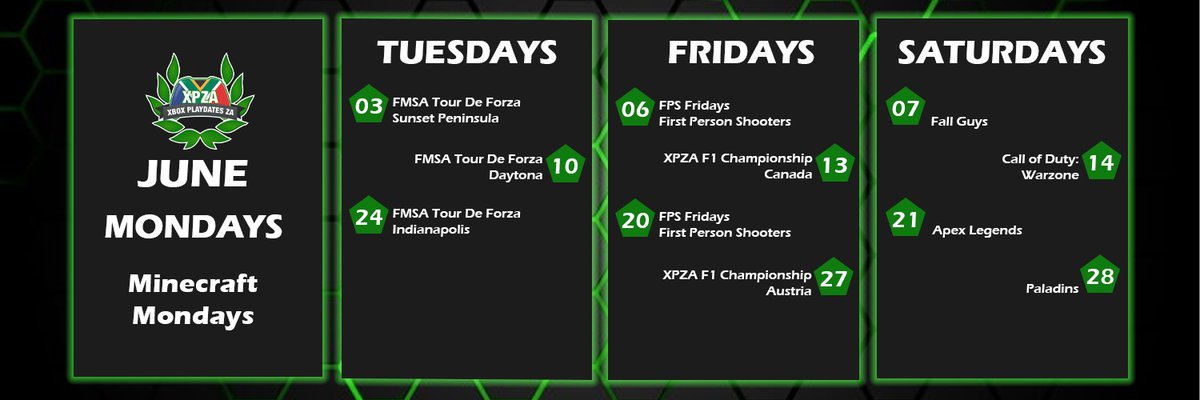 Proposed Schedule for June 2025:

Monday's - Monday <a href="/Minecraft/">Minecraft</a> 
3rd - Tour de Forza
6th - #FPSFriday
7th - <a href="/FallGuysGame/">Fall Guys</a> 
10th - Tour de Forza
13th - Canada GP
14th - Warzone
20th - #FPSFriday
21st - <a href="/PlayApex/">Apex Legends</a> 
24th - Tour de Forza 
27th - Austrian GP
28th - <a href="/PaladinsGame/">Paladins: The Game</a>