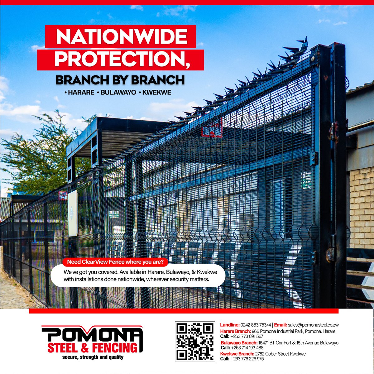 pomonasteel's tweet image. Need ClearView Fence where you are? We’ve got you covered. Available in Harare, Bulawayo, and Kwekwe with installations done nationwide, wherever security matters. Let us bring strong, stylish fencing to your doorstep.

🌐 pomonasteel.co.zw

#PomonaSteel #ClearViewFence
