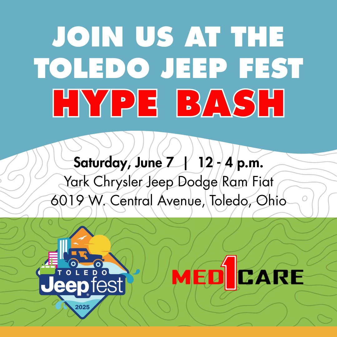 💥 #Jeep fans, the Hype Bash is on!
Catch #Med1Care at Yark Chrysler Jeep Dodge Ram Fiat this Saturday (6/7) from 12–4 p.m. We'll be handing out ducks 🐥 and enjoying the fun: RTI ramp, food trucks, DJ &amp; more!

Say hi &amp; learn more: med1care.org

#TJF2025 #JeepLife