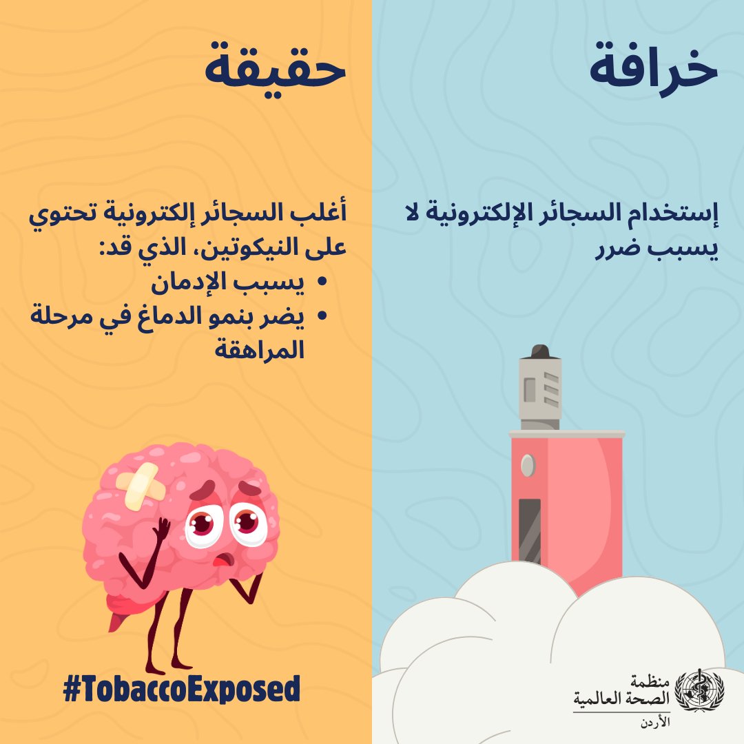 WHO Jordan (@whojordan) on Twitter photo خرافة: التدخين الإلكتروني آمن.
حقيقة: معظم أجهزة التدخين الإلكتروني تحتوي على النيكوتين، وهو مادة شديدة الإدمان ويمكن أن تضر بتطور الدماغ لدى المراهقين.
لنحمِ شبابنا من مخاطر التدخين الإلكتروني الخفية.
#التبغ_مكشوف #منظمة_الصحة_العالمية
<a href="/WHOEMRO/">WHO Regional Office for the Eastern Mediterranean</a>
<a href="/UnitedNationsJO/">UN Jordan 🇯🇴</a> خرافة: التدخين الإلكتروني آمن.
حقيقة: معظم أجهزة التدخين الإلكتروني تحتوي على النيكوتين، وهو مادة شديدة الإدمان ويمكن أن تضر بتطور الدماغ لدى المراهقين.
لنحمِ شبابنا من مخاطر التدخين الإلكتروني الخفية.
#التبغ_مكشوف #منظمة_الصحة_العالمية
<a href="/WHOEMRO/">WHO Regional Office for the Eastern Mediterranean</a>
<a href="/UnitedNationsJO/">UN Jordan 🇯🇴</a>