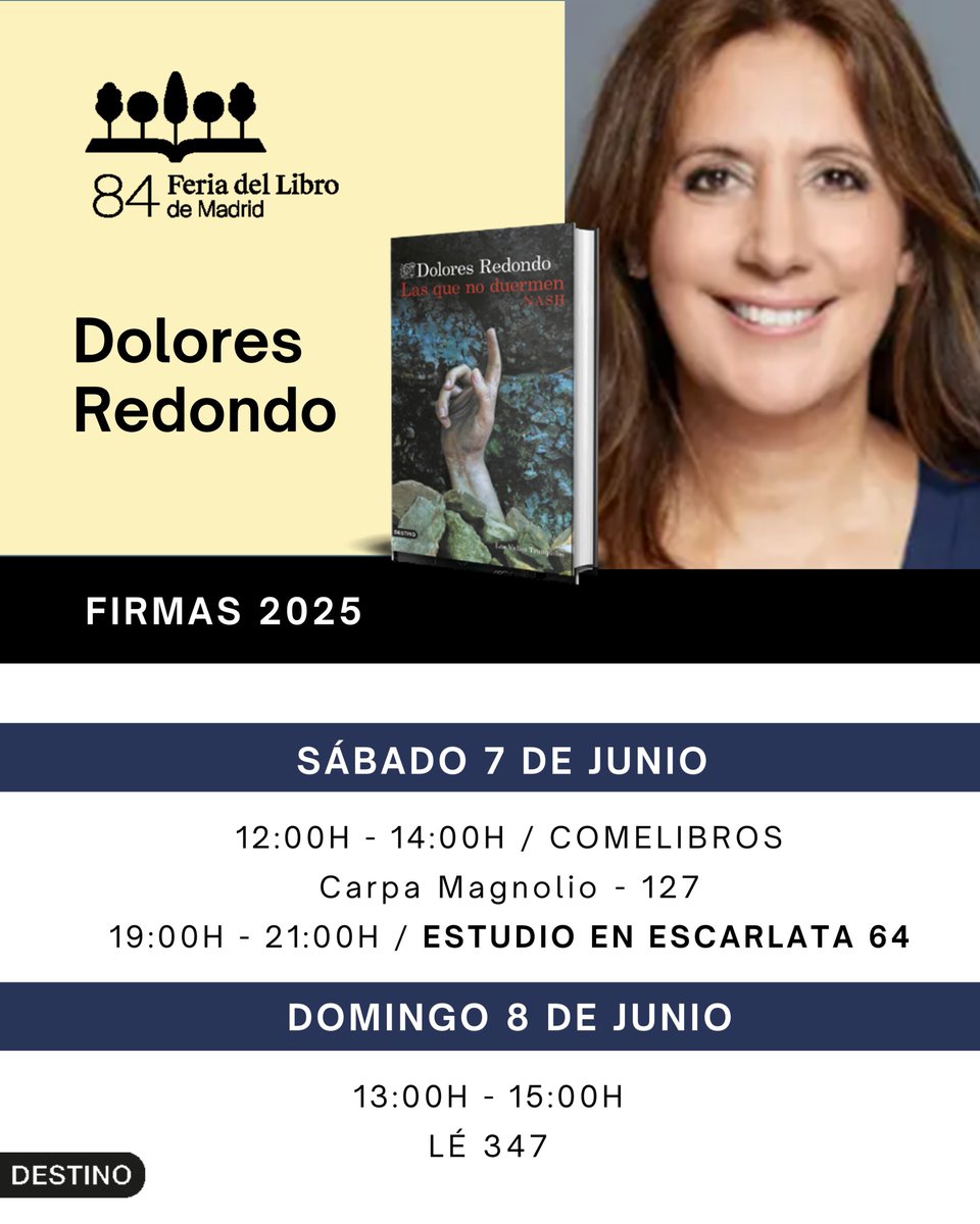 EdDestino's tweet photo. 🔵 FIRMAS  @DoloresRedondoM  ✍️ #FLMadrid25
📚 #LasQueNoDuermenNash @FLMadrid  

📌 Sábado
Mañana: Librería Comelibros (Carpa Magnolio)  🏠 313
Tarde: Estudio en Escarlata 🏠 64

📌Domingo
Mañana: Librería Lé 🏠 347

https://t.co/nQn5Fbl7dm https://t.co/pqL5N9QhVa