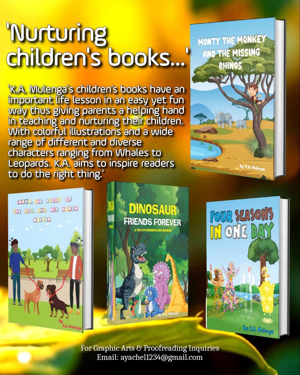Zey Perez Author Artist Reviewer (@zeaperez3) on Twitter photo 🌿🌻🌿 #BookReviews #BookRecommendations
'K.A. Mulenga's books have important life lessons to share in an easy yet fun way.'
🌻 'THE BOOKS OF K.A. MULENGA' <a href="/mulenga_a/">k.a.mulenga_writer</a>
BUY HERE: amazon.com/stores/K.A.-...
#readingcommunity #WritingCommmunity #children'sbooks 🌿🌻🌿 #BookReviews #BookRecommendations
'K.A. Mulenga's books have important life lessons to share in an easy yet fun way.'
🌻 'THE BOOKS OF K.A. MULENGA' <a href="/mulenga_a/">k.a.mulenga_writer</a>
BUY HERE: amazon.com/stores/K.A.-...
#readingcommunity #WritingCommmunity #children'sbooks