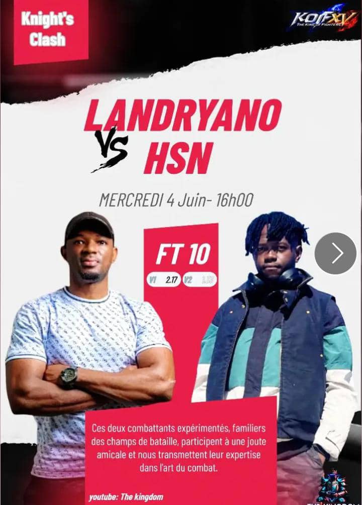 Salut la grande famille du versus fighting,ce mercredi 4 juin à 16h  un duel en FT10 entre les deux champions du pays à KOF15 à ne surtout pas rater