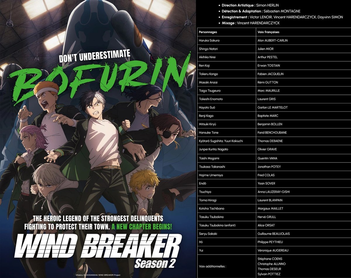 Carton de doublage de la Saison 2 de Wind Breaker dirigé par <a href="/simoncomedien/">Simon Herlin 🎙️🎭</a> chez Variason

Avec <a href="/AlanAubert/">Alan Aubert-Carlin</a> <a href="/arthur_pestel/">Pestel Arthur</a> <a href="/RGutton/">Rémi Gutton</a> <a href="/Ben_Bollen/">Benjamin Bollen</a> <a href="/colas_fred/">Fred Colas</a> <a href="/YoannSover/">Yoann Sover</a> <a href="/Anna_Lauzeray_G/">Anna Lauzeray Gishi 🎙️ Neos</a> <a href="/L_Blanpain/">Laurent Blanpain</a> <a href="/HerveGrull/">Hervé Grull</a> <a href="/AliceOrsat/">Alice Orsat</a> et <a href="/ThomasDeseur/">Thomas Deseur</a>