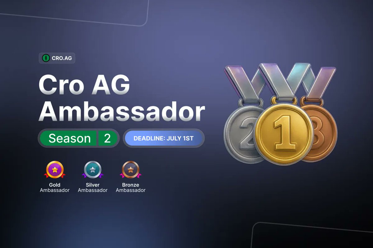 Cro AG Ambassador Season 2 is officially underway (Event ends July 1st). <a href="/GiveRep/">GiveRep</a> 
✅ Invite 10+ Discord users → 🥉 Bronze Ambassador
✅ Invite 100+ Discord users → 🥈 Silver Ambassador
✅ Invite 1000+ Discord users → 🥇 Gold Ambassador
All rewards for Season 1 (May 1st – June