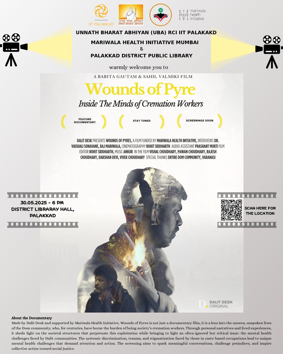 uba_iitpkd's tweet image. Unnat Bharat Abhiyan - RCI IIT Palakkad, with Palakkad District Public Library and Mariwala Health Initiative, Mumbai, screened the documentary &apos;Wounds of Pyre: Inside the Minds of Cremation Workers&apos; by Babitha Gowtham and Sahil Valmiki on May 30, 2025, at PDPL Hall.