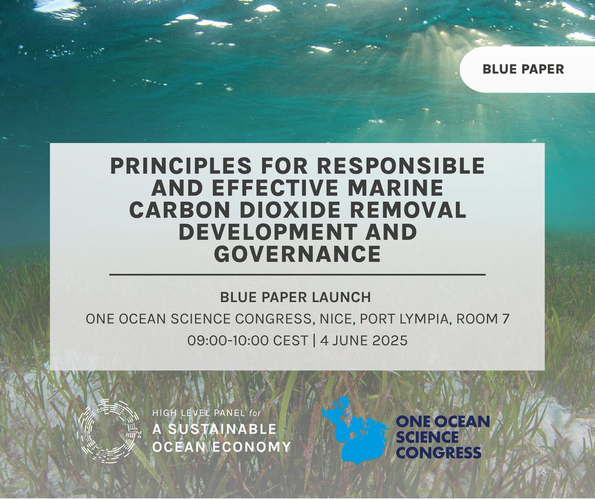 📣 BLUE PAPER LAUNCH 📣

'Principles For Responsible and Effective Marine Carbon Dioxide Removal Development &amp; Governance'

📍 One Ocean Science Congress, Port Lympia, Room 7
🕛  09:00-10:00 CEST 
📅  4 JUNE 2025