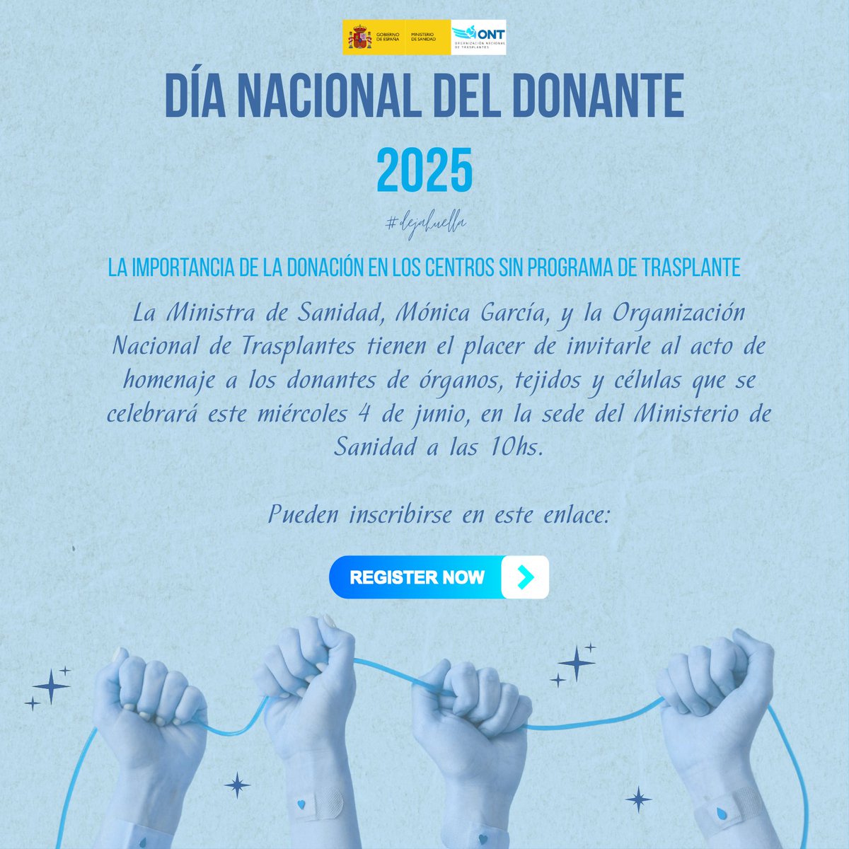 Organización Nacional de Trasplantes (@ont_esp) on Twitter photo 💙 ¡Mañana! tenemos una cita con la solidaridad en <a href="/sanidadgob/">Ministerio de Sanidad</a>. El primer miércoles de junio celebramos junto a las asociaciones de pacientes el Día Nacional del Donante #DND25. ¿Quieres asistir a esta jornada presencialmente? Puedes inscribirte aun en: inscripciones.ont.es 💙 ¡Mañana! tenemos una cita con la solidaridad en <a href="/sanidadgob/">Ministerio de Sanidad</a>. El primer miércoles de junio celebramos junto a las asociaciones de pacientes el Día Nacional del Donante #DND25. ¿Quieres asistir a esta jornada presencialmente? Puedes inscribirte aun en: inscripciones.ont.es