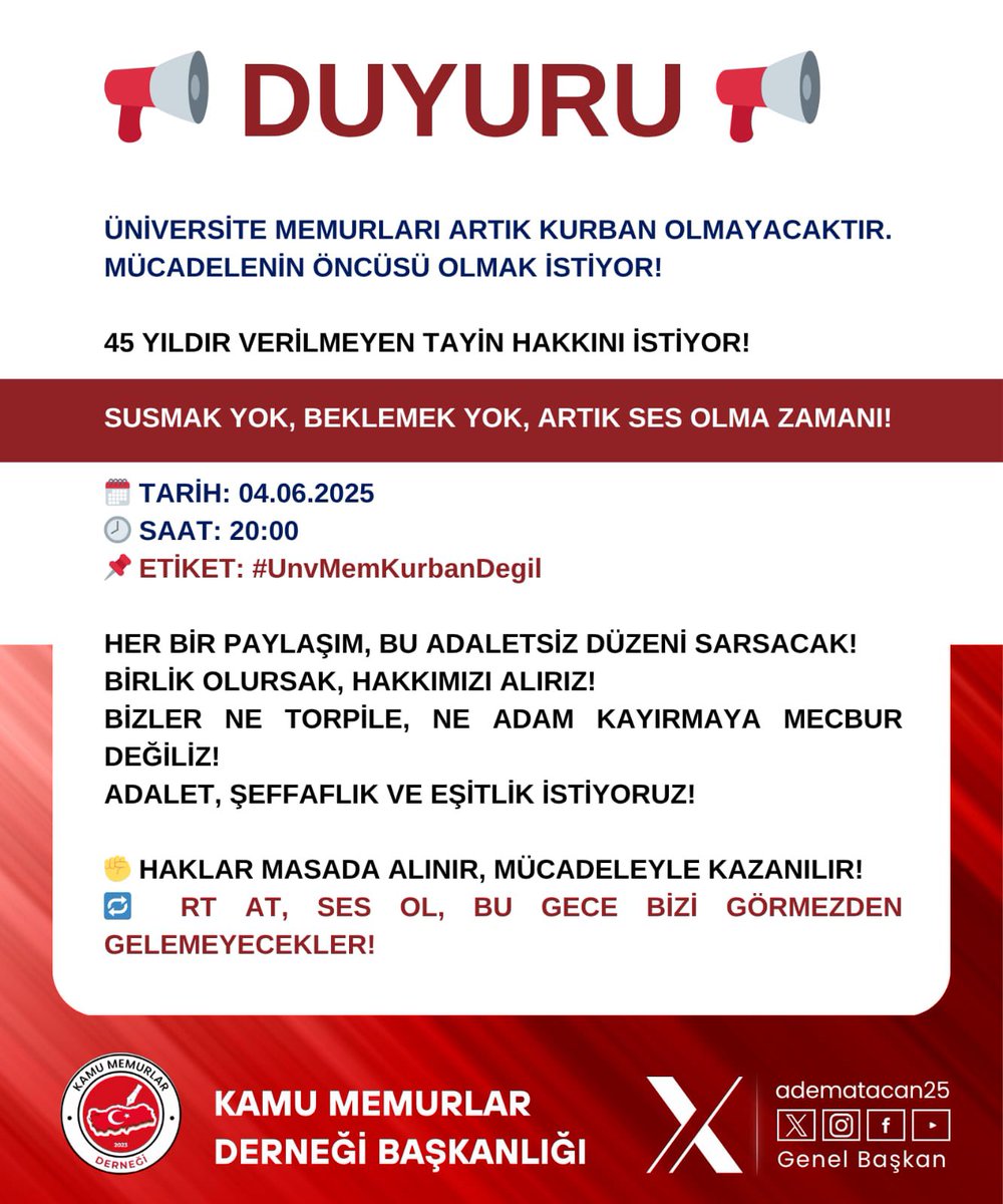adematacan25's tweet photo. ÜNİVERSİTE MEMURLARIMIZI BİRLİK OLMAYA DAVET EDİYORUM. 

BU AŞAMAYA KADAR GETİRDİK…!

ŞİMDİ İSE KABUL EDİLEBİLİR BİR SİSTEMİN HAYATA GEÇİRİLMESİNE YÖNELİK BİRLİKTELİĞİMİZİ SAĞLAYARAK ETKİNLİKLERE DEVAM EDELİM.

ÇARŞAMBA AKŞAMI SAAT 20:00’DA YAPILACAK OLAN ETKİNLİĞE SİZLERİ DAVET EDİYORUM.