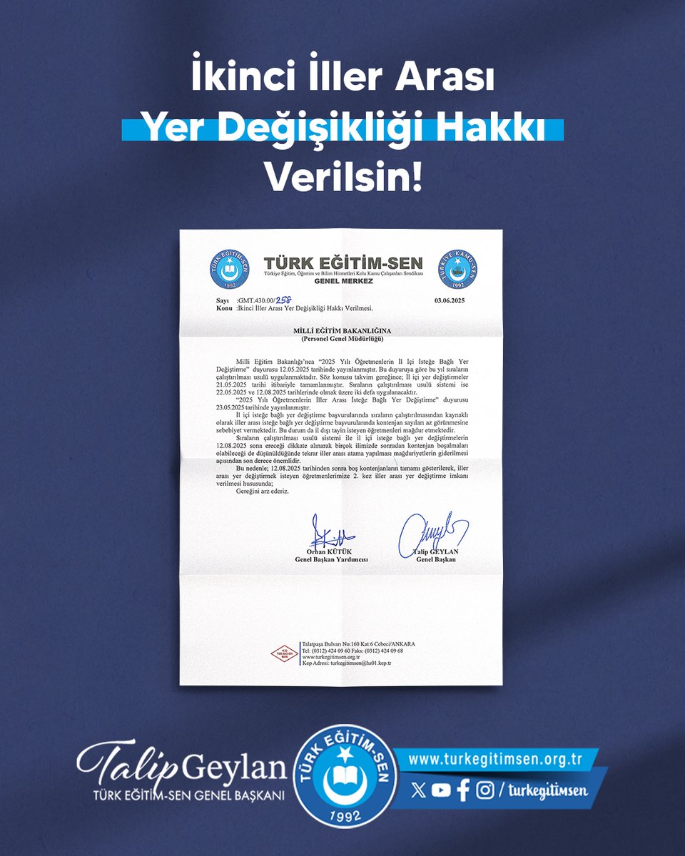 turkegitimsen's tweet photo. İKİNCİ İLLER ARASI YER DEĞİŞİKLİĞİ HAKKI VERİLSİN!
https://t.co/WIsiECT6Qw https://t.co/UWUZqAaT9T