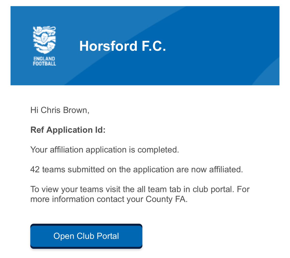 Chris Brown (@browno_) on Twitter photo Affiliation ticked off on Club Portal for @horsfordfc, <a href="/FAGRTech/">FA Grassroots Technology</a> nice and quick ✅ Affiliation ticked off on Club Portal for @horsfordfc, <a href="/FAGRTech/">FA Grassroots Technology</a> nice and quick ✅