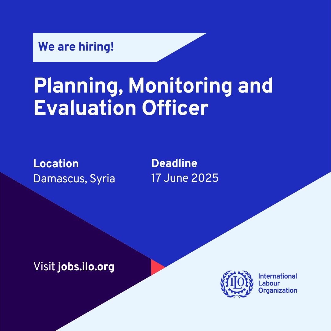 🚨JOB OPPORTUNITY🚨

We are hiring for the position of ‘Planning, Monitoring and   Evaluation Officer’ in Damascus. 

📅17 June 2025
⌛️12:00 a.m. local time.

To check the required skills/ to apply, click: jobs.ilo.org/job/Damascus-P…