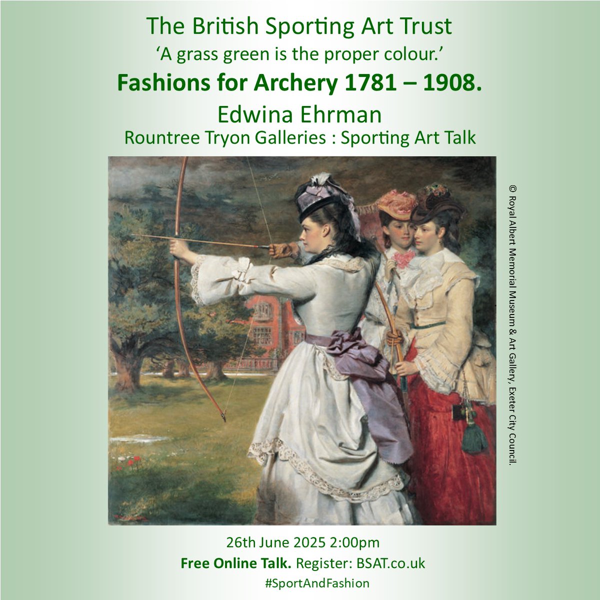 June is  #SportAndFashion month. We are celebrating with a free online talk sponsored by <a href="/RountreeTryon/">Rountree Tryon</a> on Fashion and Archery. Register bsat.co.uk/exhibitions-an…. <a href="/sportinghistory/">Sporting Heritage</a>