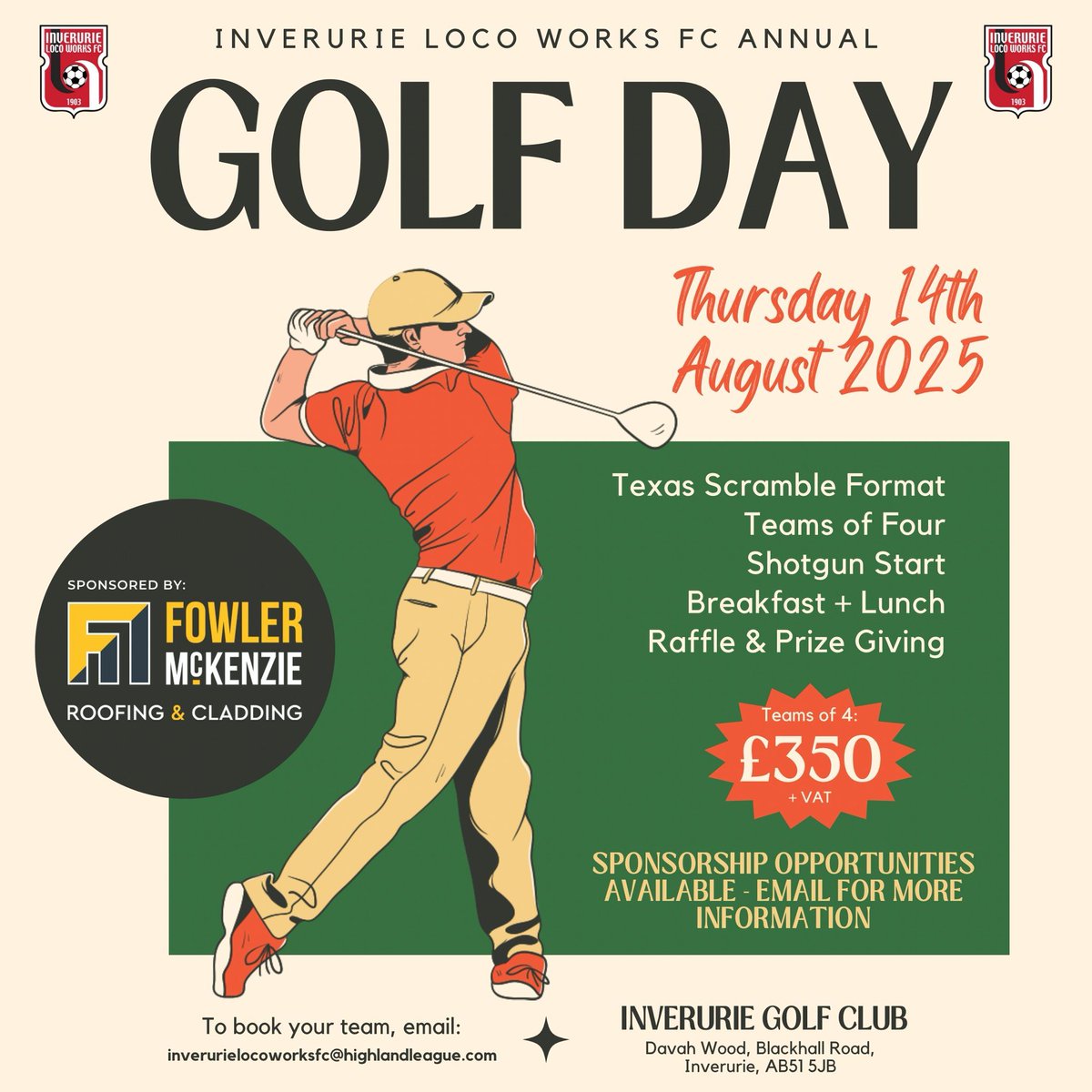 Inverurie Loco Works FC (@inverurielocos) on Twitter photo There's still a few spaces left for our Golf Day on 14th August, along with sponsorship opportunities.
To book your you place or for further info, email inverurielocoworksfc@highlandleague.com
#InverurieLocos 🚂 There's still a few spaces left for our Golf Day on 14th August, along with sponsorship opportunities.
To book your you place or for further info, email inverurielocoworksfc@highlandleague.com
#InverurieLocos 🚂