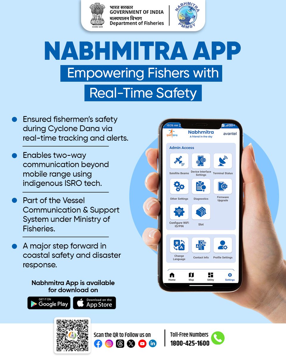 Nabhmitra App
Beyond signals, beyond limits- real-time alerts, two-way communication, and safer seas for our fishers.
An ISRO-powered leap in coastal safety under the Ministry of Fisheries.

Download now on Google Play Store &amp; Apple App Store.

#NabhmitraApp #FisheriesIndia