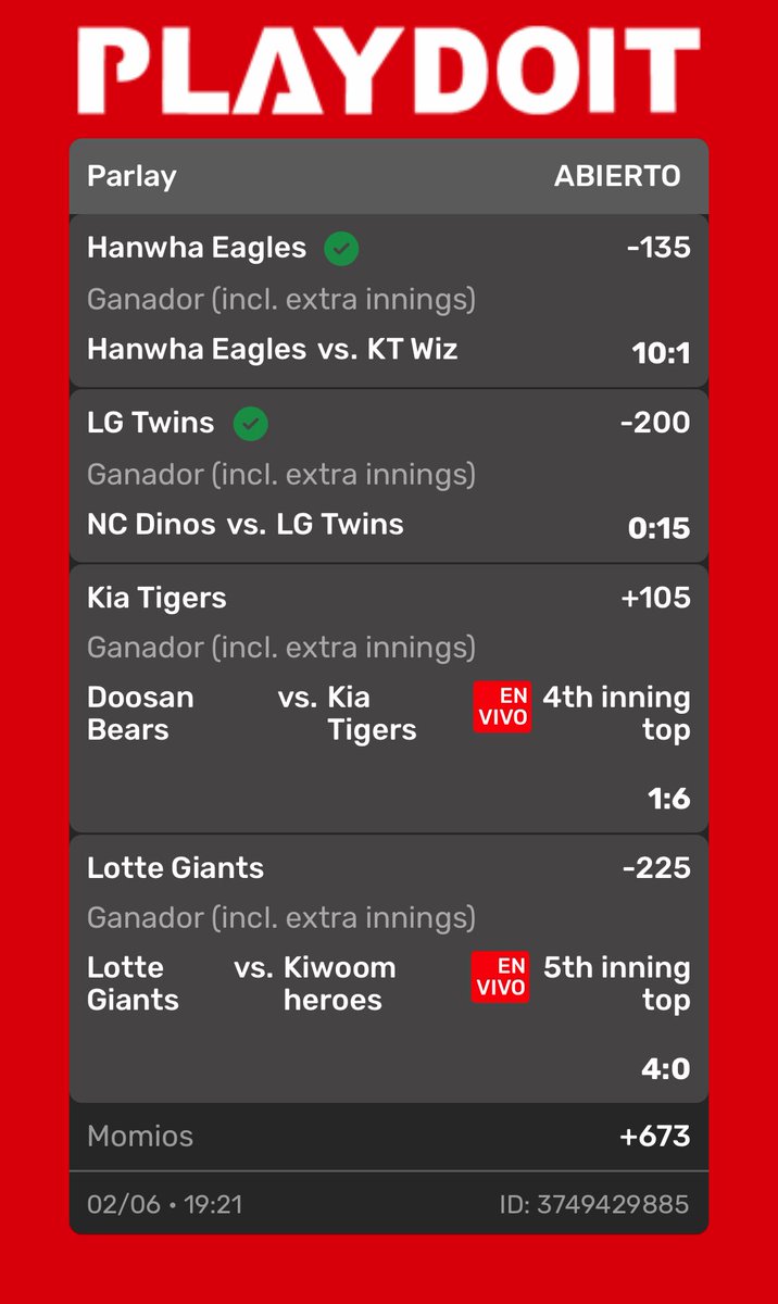 Que fácil estuvo la MLB y el KBO hoy, de las pocas veces que saqué las derechas y los parlays en menos de 5-10 minutos 🤣🍀