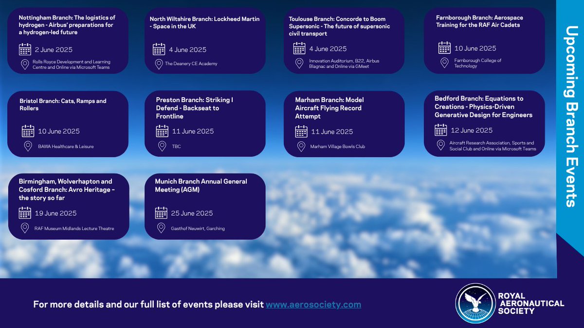 Check out the list of Branch events coming up this month. The Royal Aeronautical Society has multiple Branches both in the UK and across the globe, hosting a diverse range of activities and services at a local and regional level. 🌍✈️

➡️ ow.ly/jeCe50W39TP