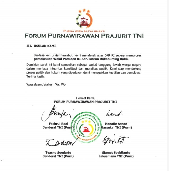 Forum Purnawirawan Prajurit TNI Layangkan Surat Upaya Pemakzulan Gibran fusilatnews.com/forum-purnawir…
