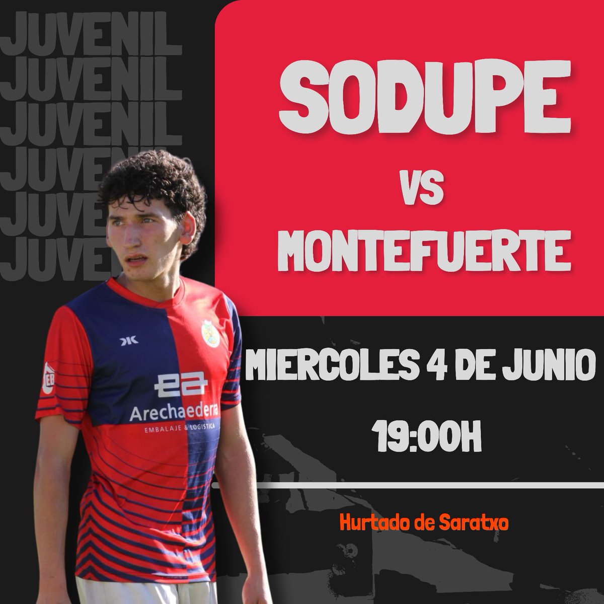 Es hora de romper la racha! 🔥 El Sodupe juvenil juega un partido importantísimo de liga de ascenso este miércoles, 4 de junio, a las 19:00h contra el Montefuerte en nuestro campo, el Hurtado de Saratxo. Hemos empatado, pero esta vez, ¡la victoria es nuestra! ¡Ven a apoyarnos!