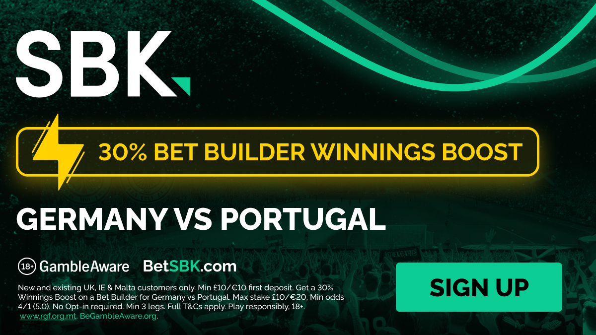 SBK are doing a HUGE 30% boost on Bet Builders for Germany v Portugal tomorrow! 🚀

✅ They are offering this along side their generous welcome offer of Bet £10, get £40 in FREE BETS.

👉 Join HERE: footyaccums.bet/SBK1040Offer

Ad 18+ GambleAware New Customer Offer T&amp;C's Apply