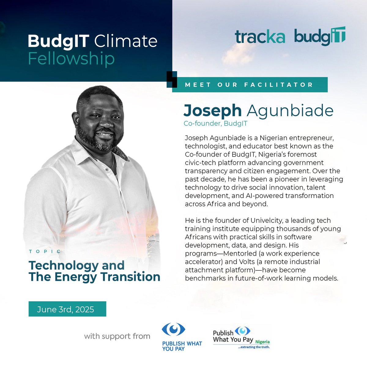 New week.. New study 📚 🎊

This week on our climate fellowship, we will  be studying “Technology and the Energy Transition”

Our facilitator is one of the very best in the world of tech and our Cofounder at BudgIT Foundation— Joseph Agunbiade <a href="/josephagunbiade/">Joseph Agunbiade</a> 

We look forward