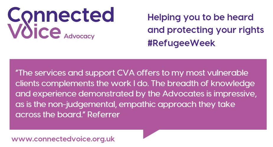 In #RefugeeWeek and every other week, we welcome refugees to use our Independent Advocacy Services.

We've received some great feedback, visit our website to find out how we can help you.

connectedvoice.org.uk/services/advoc…

#RefugeeWeek #SimpleActs #AdvocacyWorks #OurHome
