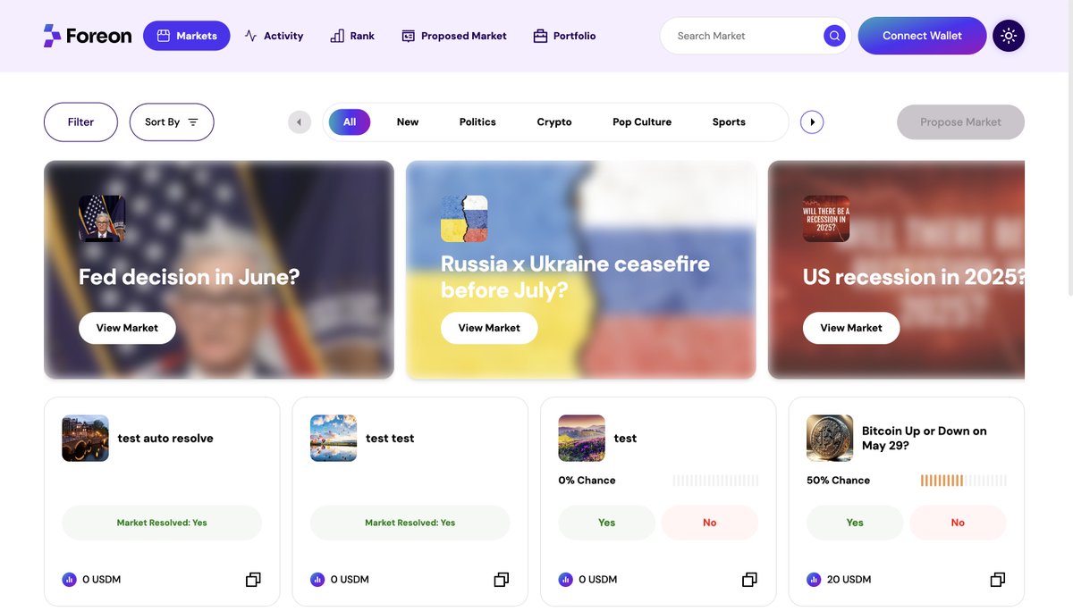 <a href="/foreonnetwork/">Foreon Network | Prediction Market On Cardano</a> V2 Almost Upon Us

User can propose / create markets

Vote on proposed markets

Trade shares in market outcomes

Stay tuned for more details.