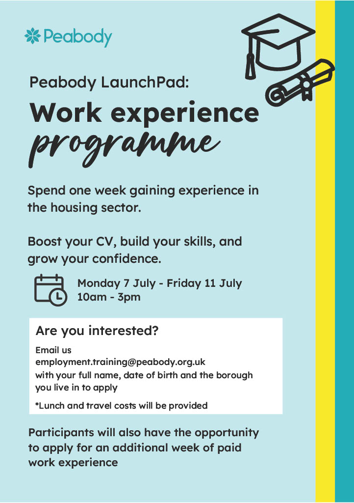 Opportunity for 16–18-year-olds!

Explore housing careers with Peabody.

Highlights:

Week 1: Intro for 30 participants.
Week 2: 15 paid placements.
Deadline: 12th June 📍

Apply: employment.training@peabody.org.uk