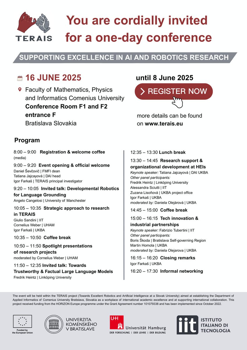 📣The registration for #TERAIS Closing conference is open 📥

🤖Join us for a one-day event celebrating excellence in AI Research – bringing together leading minds, fresh insights, and future-shaping collaborations!

➡️ Register now forms.gle/5UNtVA1ewFgoR8…