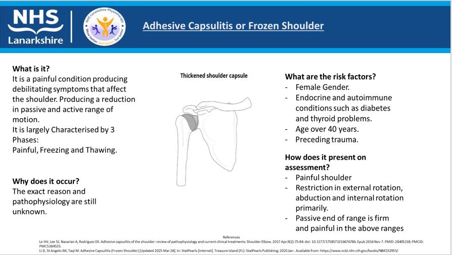 Today on #MSK Conditions:
Is every sore and stiff shoulder and frozen shoulder? 
For more information on management follow our link:
nhslanarkshire.scot.nhs.uk/services/physi…
#Evidencebasedpractice #MSKLanarkshire 
This information is not a substitute for a consult with a medical professional.