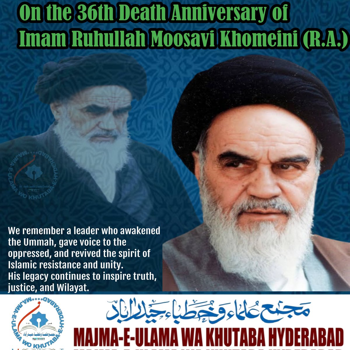 MajmaUlamaHyd's tweet photo. 36th Barsi of Ayatullah Imam Ruhullah Moosavi Khomeini (R.A.) — a symbol of resistance, faith &amp; revolution. His legacy lives on.
#ImamKhomeini #36thBarsi #LegacyOfResistance
@IraninHyderabad https://t.co/ryH7SI6ORw