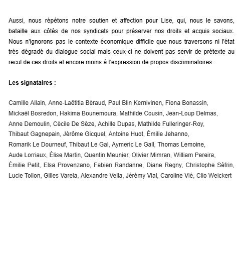 « Nous, journalistes de "20 Minutes", apportons notre soutien entier et sans réserve à notre collègue et déléguée syndicale Lise, blessée et profondément meurtrie par l’attitude de notre directeur général »