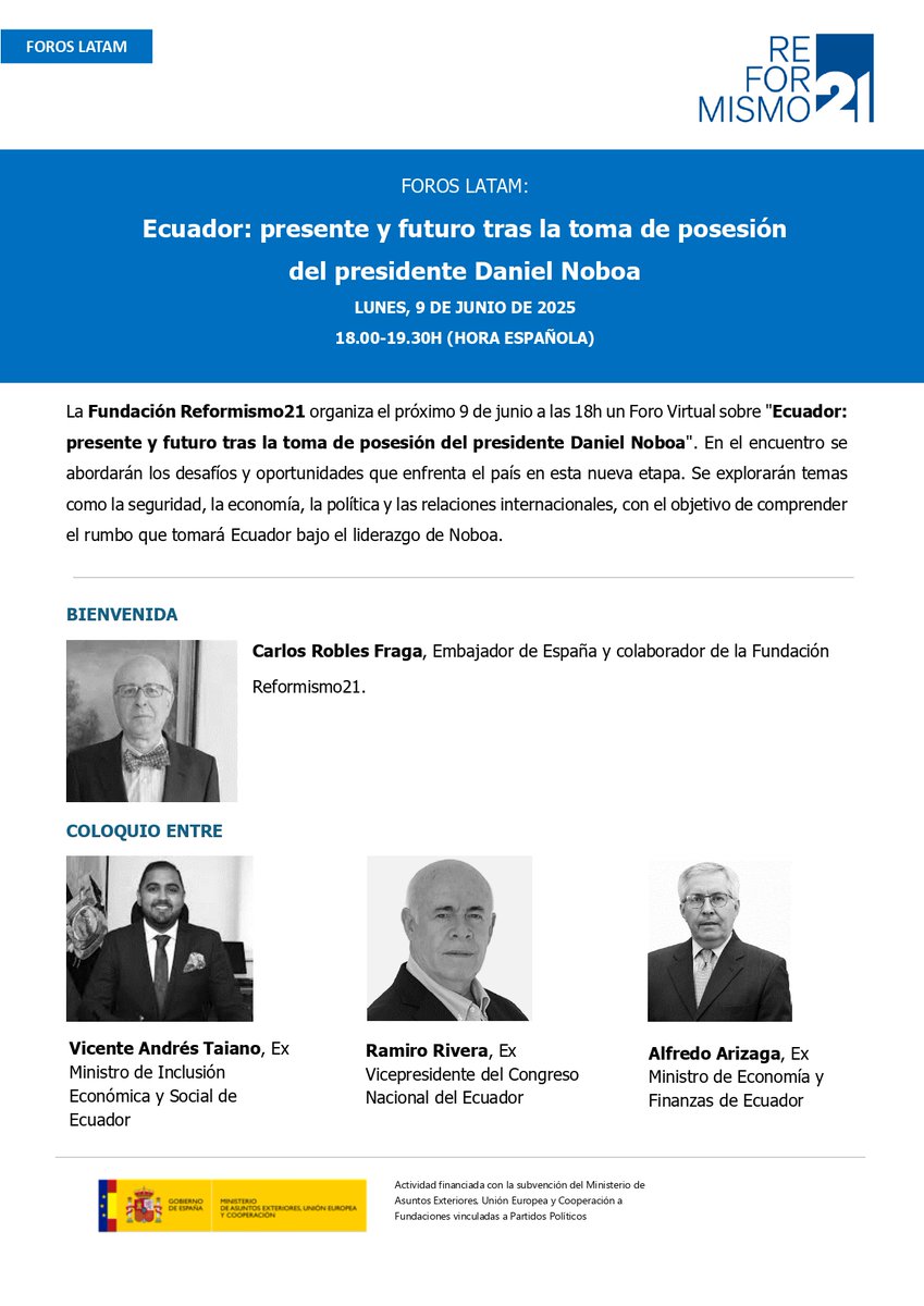 Reformismo21's tweet image. 🌎¡Vuelven nuestros #ForosLatam! 

🇪🇨El próximo lunes 9 debatiremos sobre Ecuador y la toma de posesión de Daniel Noboa. Con: 

- Ramón Gil-Casares
- Vicente Andrés Taiano
- Ramiro Rivera 
-Alfredo Arizaga

🖇️¡Link para inscribirse en la web!