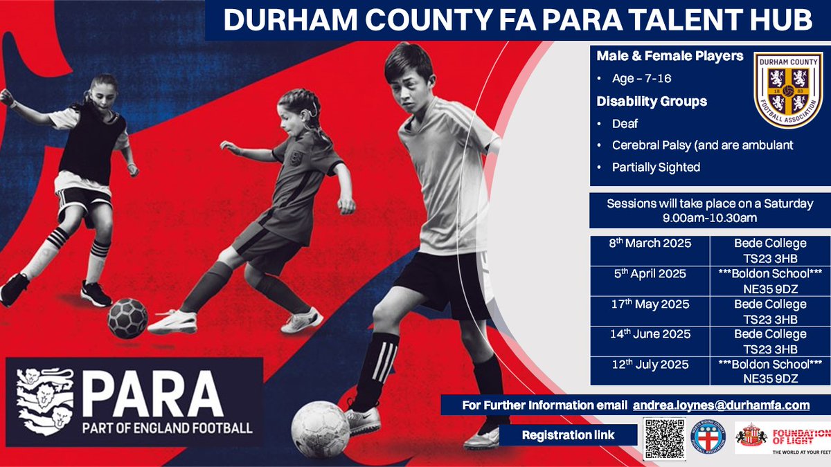๐๐๐ฟ๐ต๐ฎ๐บ ๐๐ผ๐๐ป๐๐ ๐๐ โฝ๏ธ (@durhamfa) on Twitter photo Durham County FA Para Talent Hub โฝ
Male & Female players
Age 7-16
โขCerebral Palsy
โขDeaf
โขPartially Sighted
For more information email Andrea.Loynes@Durhamfa.com Durham County FA Para Talent Hub โฝ
Male & Female players
Age 7-16
โขCerebral Palsy
โขDeaf
โขPartially Sighted
For more information email Andrea.Loynes@Durhamfa.com