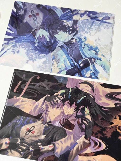【新刊ノベルティ】 両面フルカラークリアファイル(A4)です。表は応楓、裏面は刃丹になります。ifシリーズの前編後編の表紙イラストを、実際の本よりも大きなサイズで眺められます。 此方は会場のみで、無くなり次第終了です。